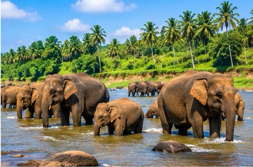 Elephants bathing near Pinnawala